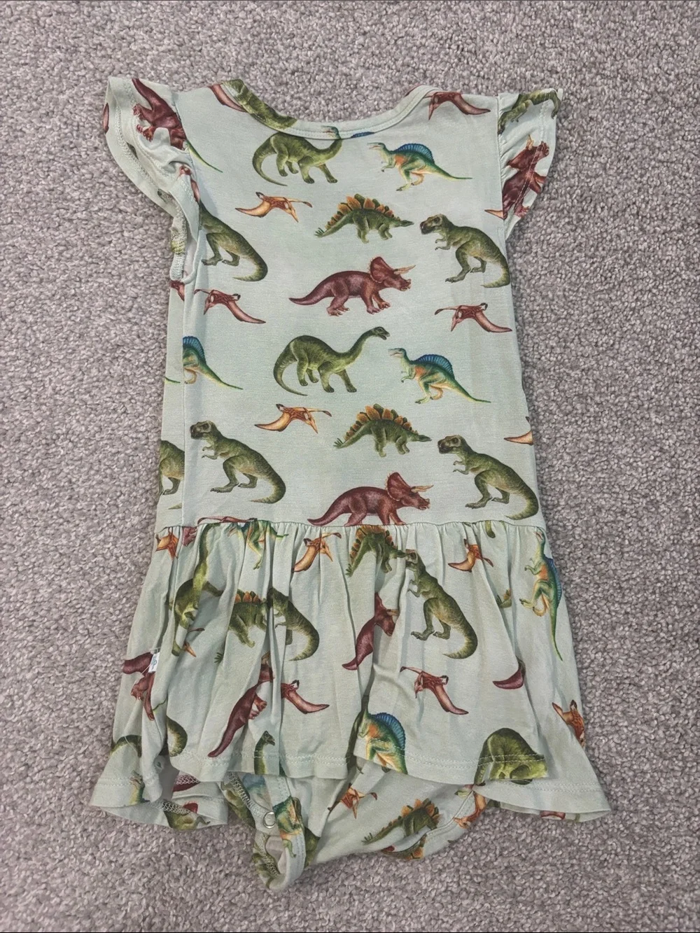 Posh Peanut Mint Green Dinosaur Ruffle Dress with Multicolor Dinosaurs